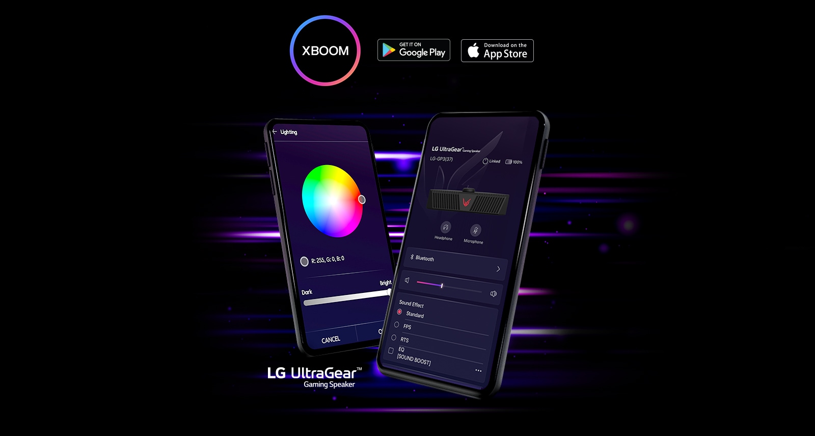 L’écran de l’application UltraGear est allumé sur les deux écrans de téléphone portable sous la forme de V.