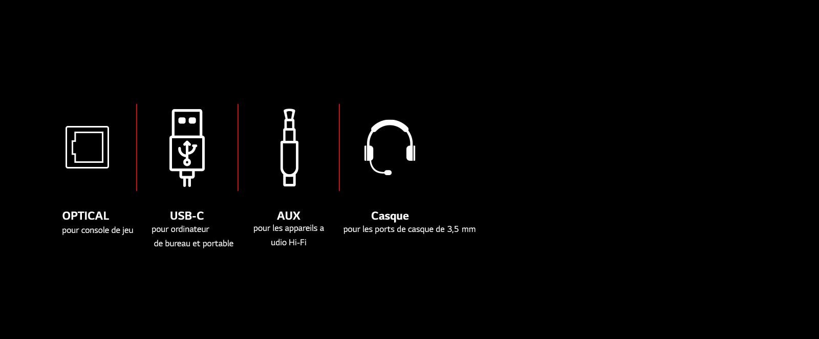 Une collection de pictogrammes d’Optical, d’USB-C, du câble AUX et du casque. Sous chaque pictogramme se trouve un texte indiquant Optique pour les consoles de jeu, USB-C pour les ordinateurs de bureau et portables, AUX pour les appareils audio Hi-Fi et Casque pour les ports de casque de 3,5&nbsp;mm.