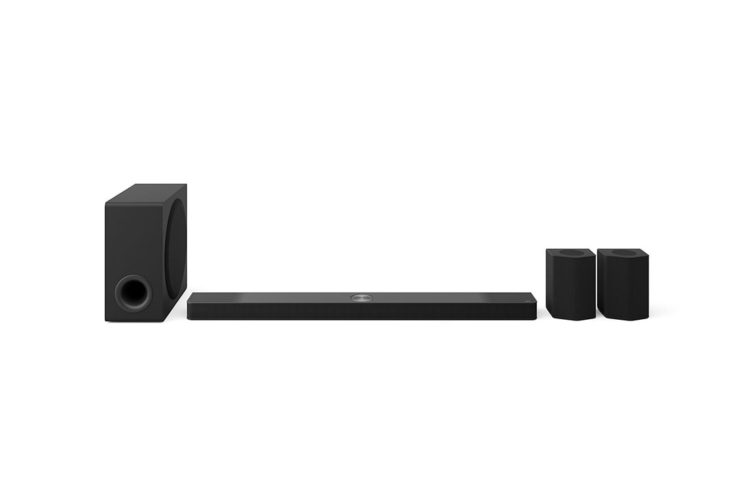 LG Barre de son LG pour TV avec Dolby Atmos 9.1.5 canaux S95TR, Vue avant de la Soundbar, du caisson de basse et des enceintes arrières, DS95TR