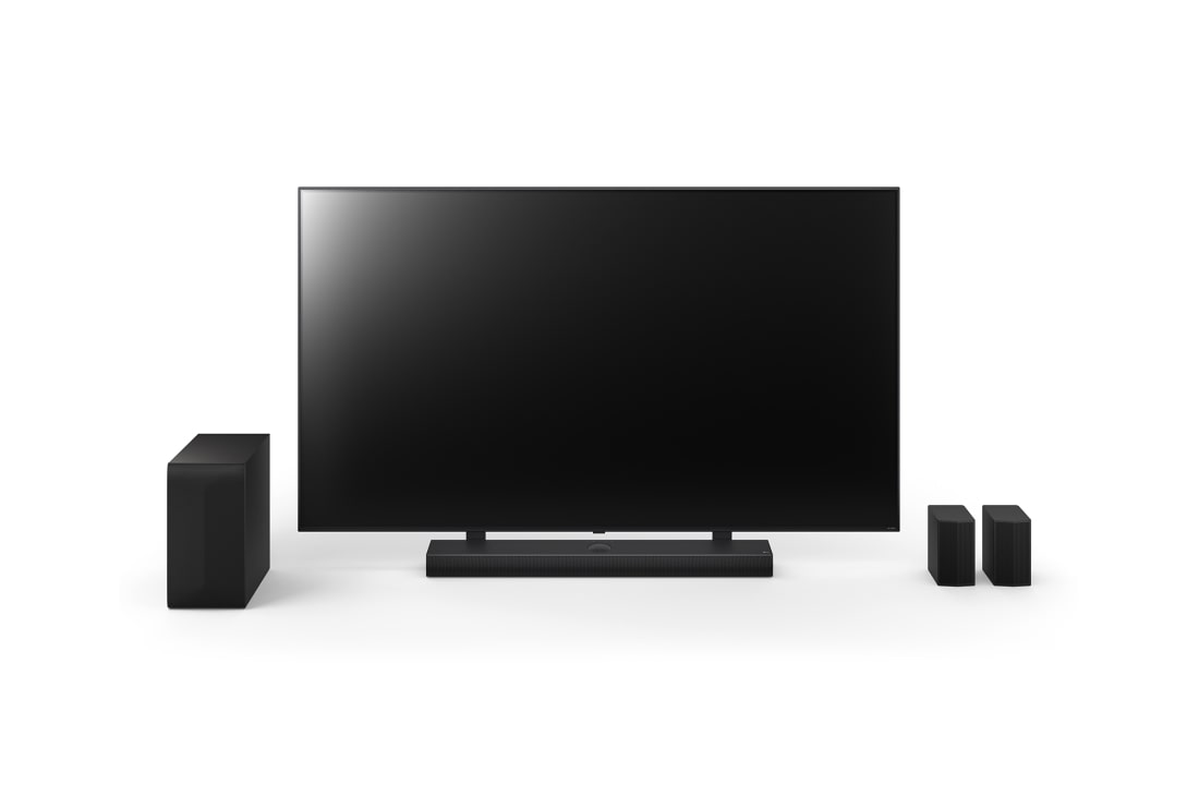 LG Soundbar canal 5.1.1 Home Theater LG avec enceintes arrière et Dolby Atmos S70TR, Vue avant de LG QNED 75 po, de la LG Soundbar S70TR, des enceintes arrières et du caisson de basse, DS70TR, thumbnail 13