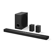 LG Soundbar canal 7.1.3 Home Theater LG avec enceintes arrière et Dolby Atmos S90TR, Vue inclinée de la LG Soundbar S90TR, du caisson de basse et des enceintes arrières, DS90TR, thumbnail 2