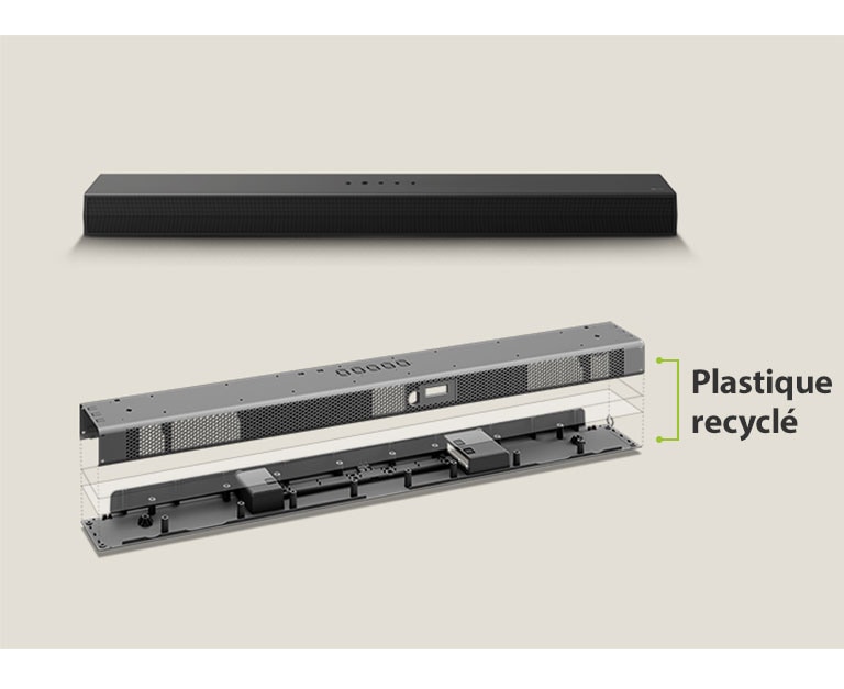 Vue avant de la Soundbar placée à l’arrière et représentation d’un cadre métallique pour la Soundbar placée à l’avant. Une vue inclinée de l'arrière du cadre métallique de la Soundbar avec les mots « Plastique recyclé » indiquant le bord du cadre.