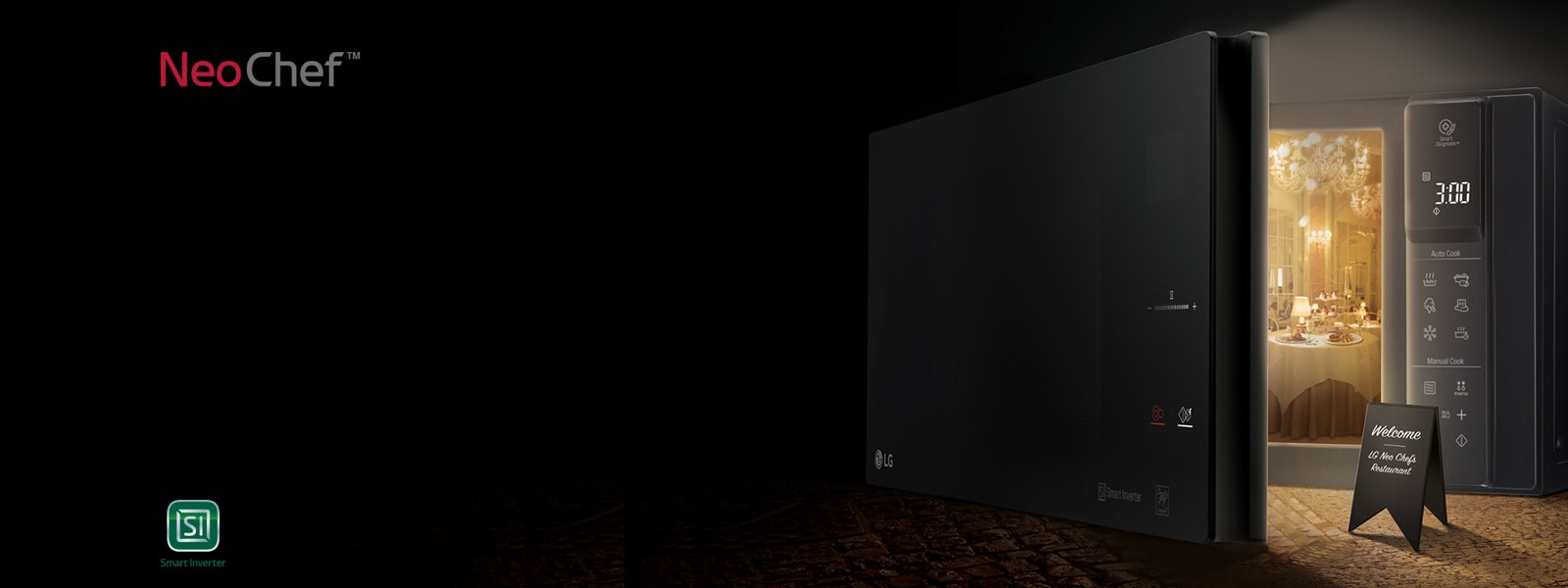 Micro-ondes LG NeoChef™,  ouvert de face et invitant à se plonger à l’intérieur d’un restaurant
