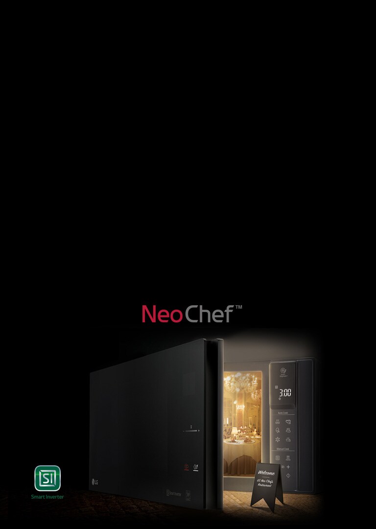 Micro-ondes LG NeoChef™,  ouvert de face et invitant à se plonger à l’intérieur d’un restaurant