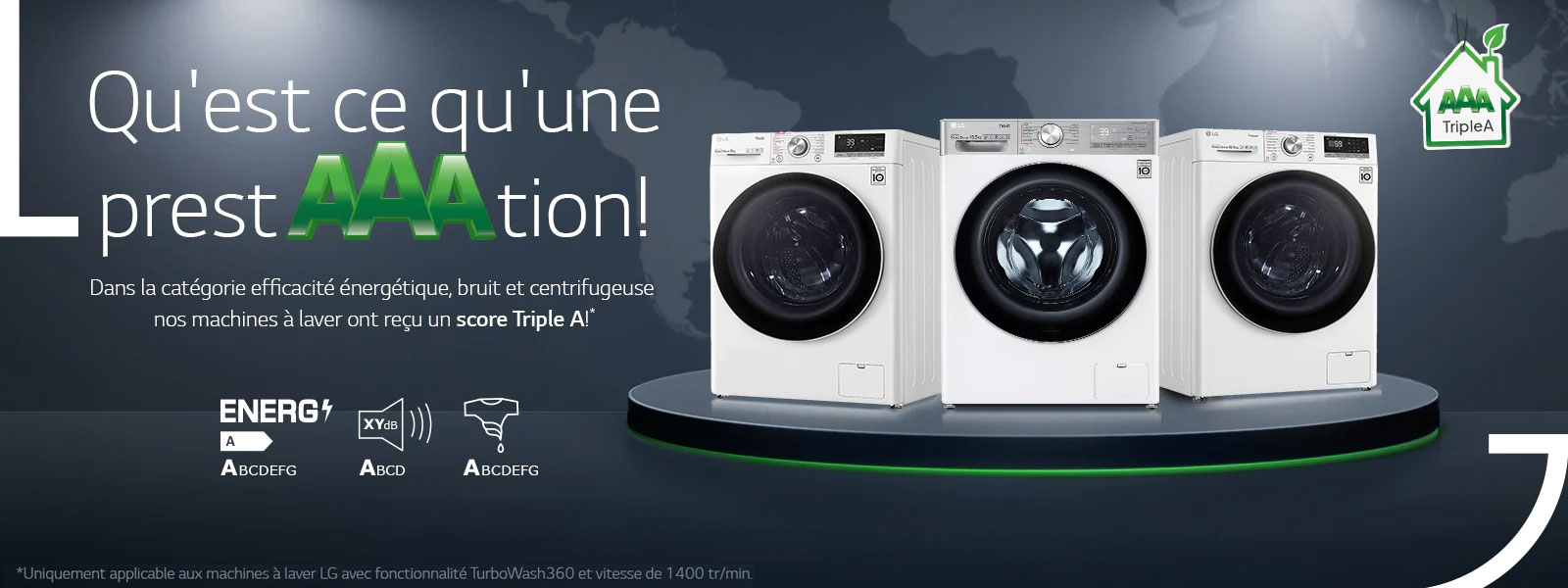 Une image montre une femme souriant et tenant une chemise blanche propre. À côté d’elle se trouve une vue avant d’un lave-linge LG. Il y a une bulle devant le lave-linge contenant le logo AI DD. L’image d’arrière plan est du lin blanc dans une eau savonneuse. Au dessus de ça, il y a le logo SMotion et en dessous de lui se trouve les 6 mouvements représentés par des lignes et des flèches.