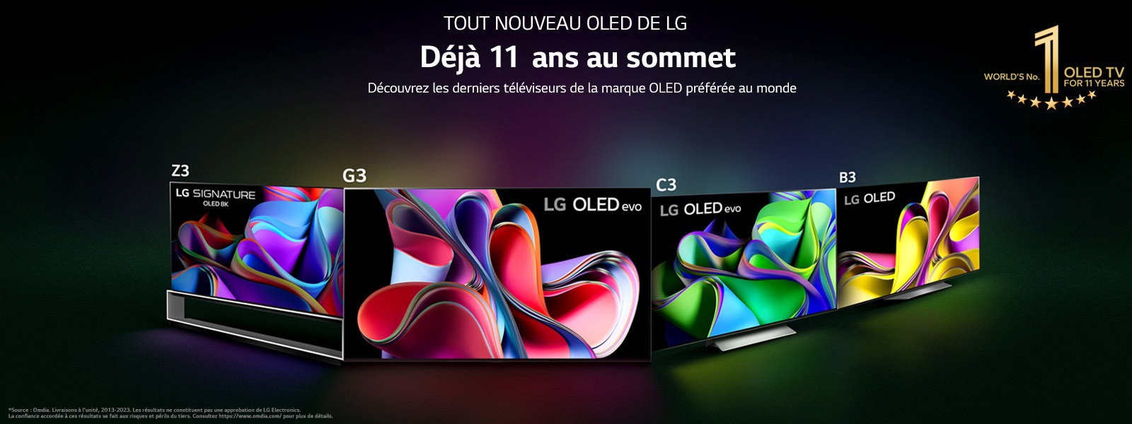Une image du téléviseur OLED de LG. Le contenu d’Apple TV+ est affiché à l’écran et le titre est « Profitez de 3 mois d’abonnement gratuit à Apple TV+ avec les Smart TV LG. »