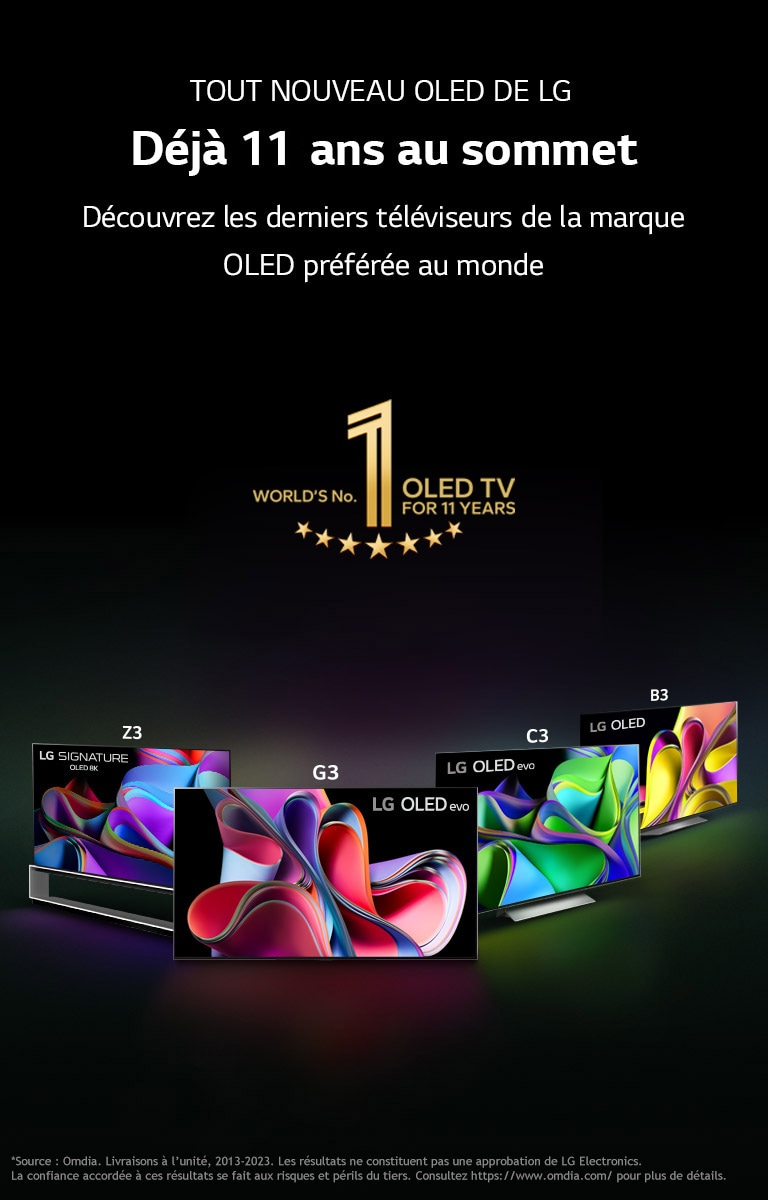 Une image du téléviseur OLED de LG. Le contenu d’Apple TV+ est affiché à l’écran et le titre est « Profitez de 3 mois d’abonnement gratuit à Apple TV+ avec les Smart TV LG. »
