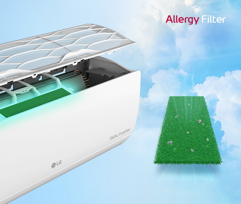 L’angle latéral du climatiseur est représenté avec les filtres flottant au-dessus pour mettre en évidence le filtre anti-allergique installé à l’intérieur. Près de la machine se trouve le filtre vert anti-allergique dans lequel sont piégés les acariens. Le logo du filtre anti-allergique se trouve dans le coin supérieur droit.