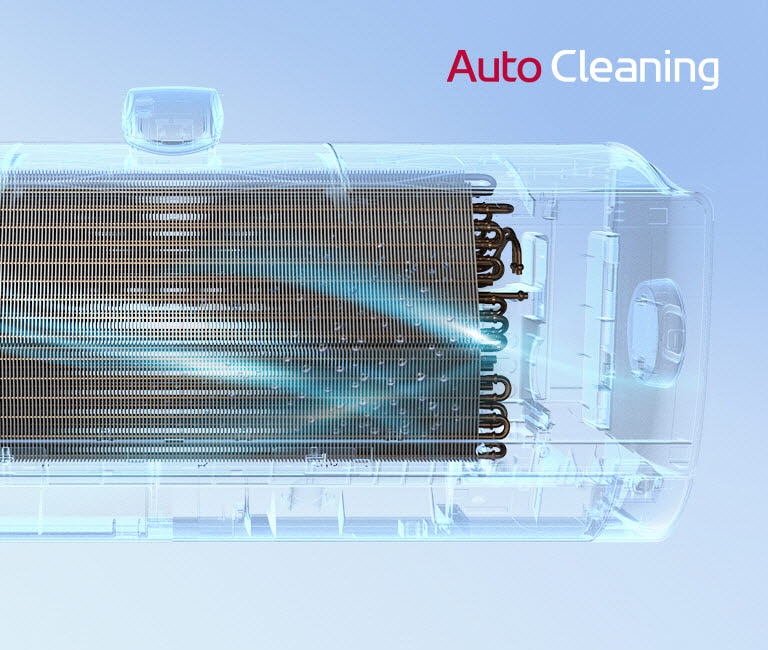 Vue avant du climatiseur LG, l’extérieur étant complètement invisible pour que l’on puisse voir le fonctionnement interne de la machine. Lorsque la machine fonctionne, une lumière bleue s’allume, le mécanisme d’auto-nettoyage s’active et assure le nettoyage de la machine de part et d’autre. Le logo AutoCleaning est visible dans le coin supérieur droit.