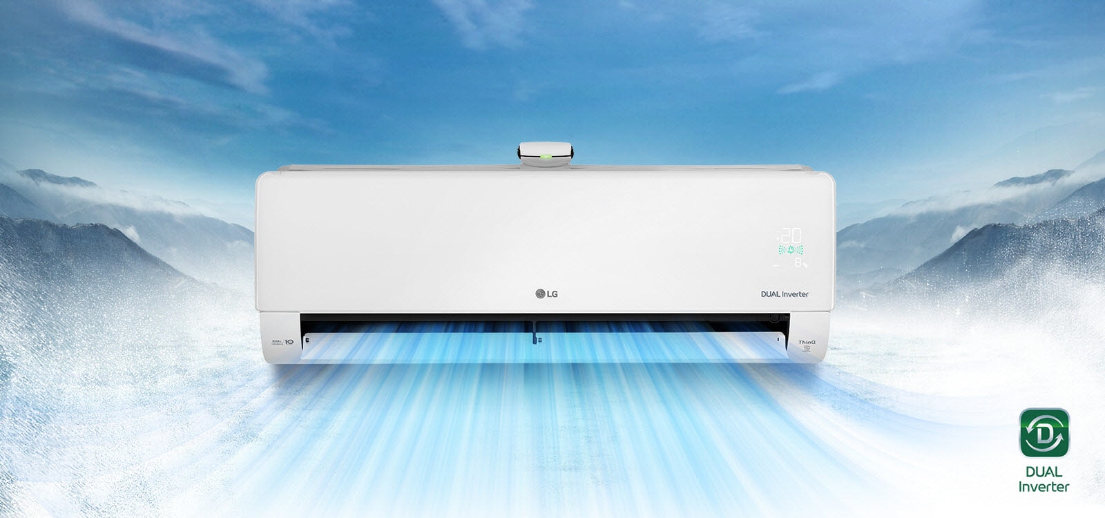 L’arrière-plan présente un paysage de montagne enneigée. La vue de face du climatiseur est au premier plan et de l’air s’échappe de l’appareil. Le logo de LG se trouve au centre de l’appareil, tandis que les logos Dual Inverter, ThinQ et le celui de la Garantie 10 ans Dual Inverter sont visibles sur les côtés de la façade. Le panneau indiquant la qualité de l’air est allumé en vert sur le côté droit. Le logo Dual Inverter se trouve dans le coin inférieur droit de la vidéo.