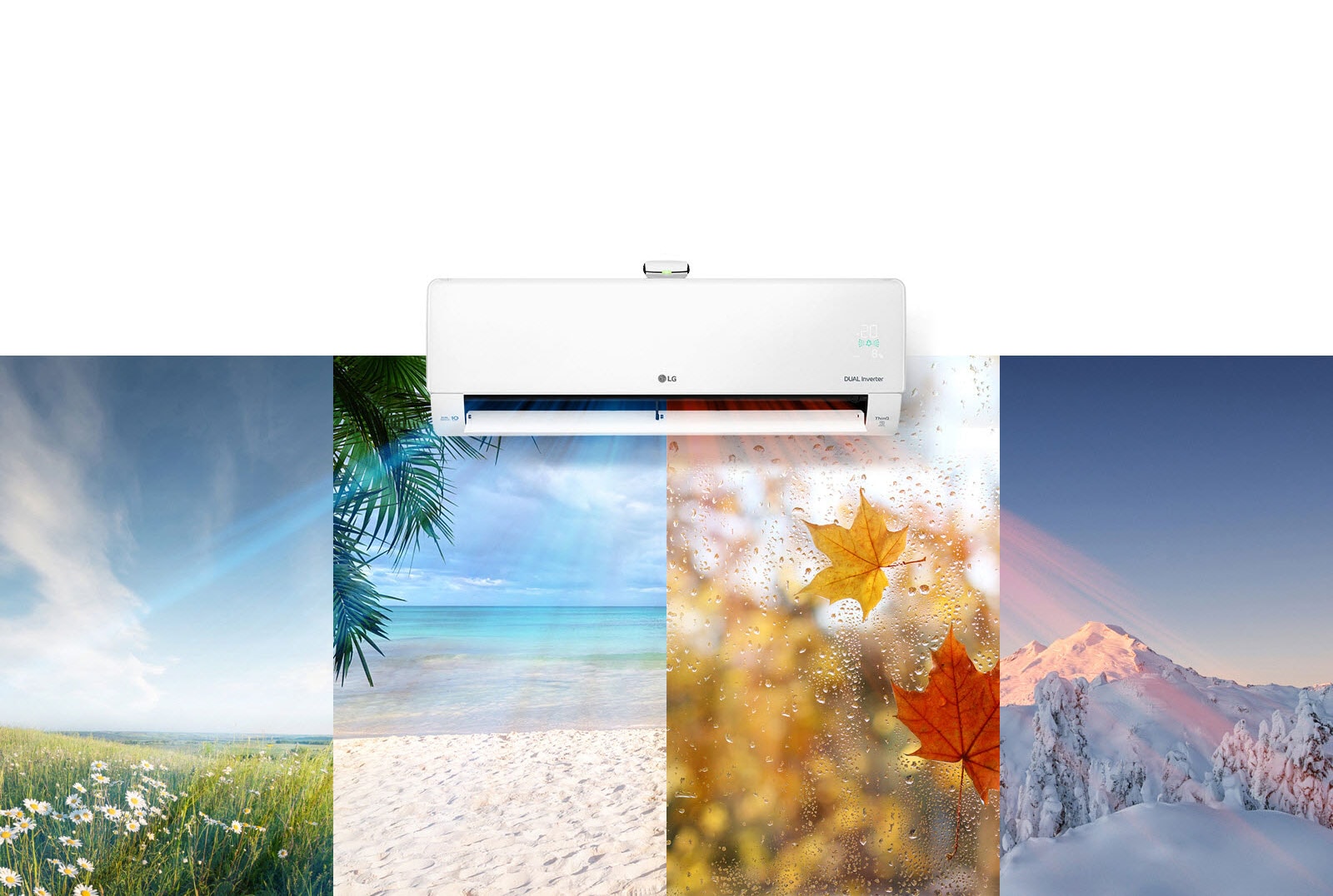 Quatre images représentant les quatre saisons de l’année sont collées les unes aux autres comme une image sur un mur, le climatiseur LG installé juste au-dessus soufflant de l’air frais sur chaque image saisonnière.