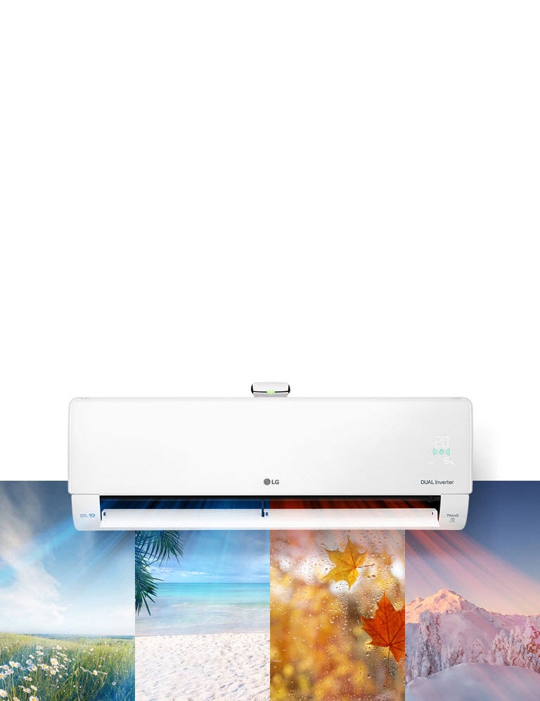 Quatre images représentant les quatre saisons de l’année sont collées les unes aux autres comme une image sur un mur, le climatiseur LG installé juste au-dessus soufflant de l’air frais sur chaque image saisonnière.