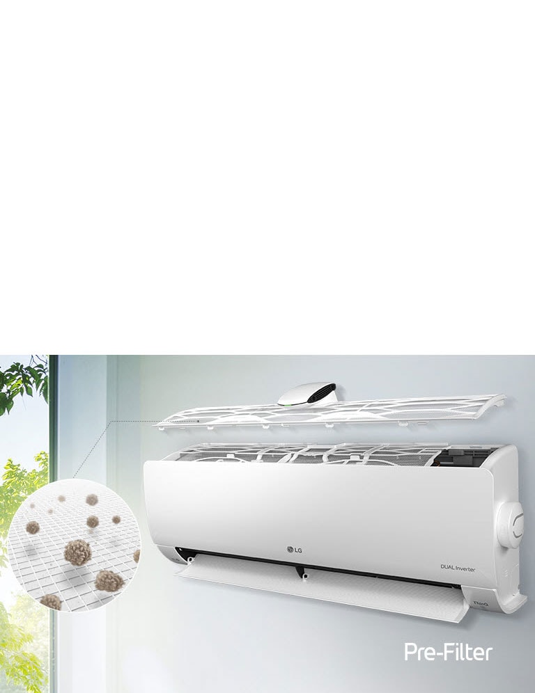 Le climatiseur LG est installé sur le mur et vu de côté. Le panneau supérieur est flottant et peut laisser apparaître les filtres intérieurs. Une ligne partant du préfiltre mène à un cercle agrandi présentant la poussière retenue au niveau du préfiltre. Le logo du préfiltre est visible dans le coin inférieur droit.