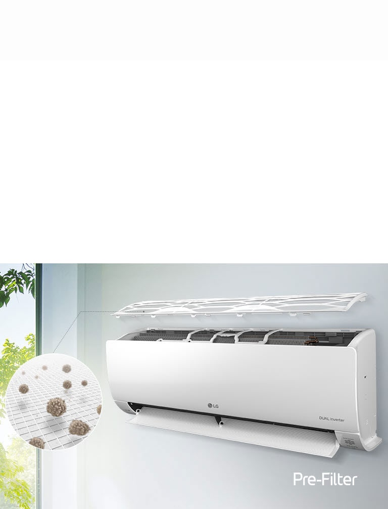 Le climatiseur LG est installé sur le mur et vu de côté. Le panneau supérieur est flottant et peut laisser apparaître les filtres intérieurs. Une ligne partant du préfiltre mène à un cercle agrandi présentant la poussière retenue au niveau du préfiltre. Le logo du préfiltre est visible dans le coin inférieur droit.