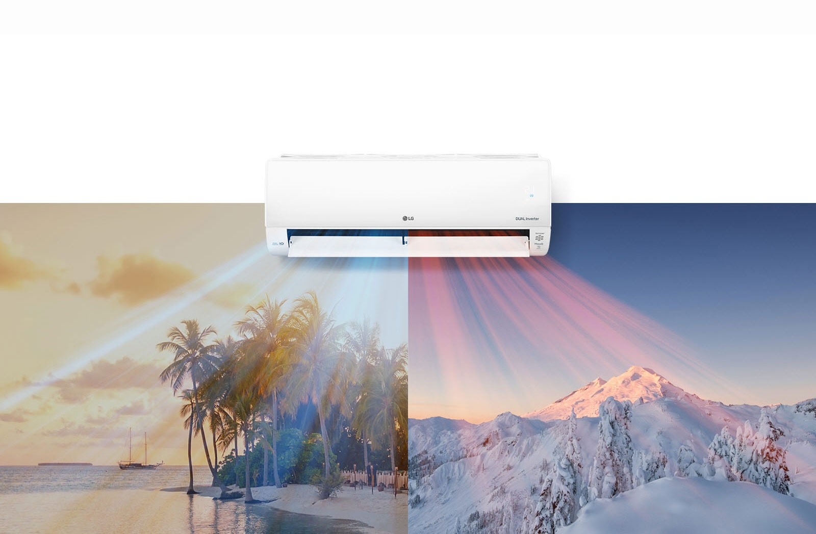 Un climatiseur LG est suspendu en haut au centre de l’image. En dessous figure deux images, sur la première, une plage de sable chaud et sur l’autre, un panorama de montagnes enneigées. De l’air sort du climatiseur avec de l’air frais bleu sur la plage et de l’air chaud rouge sur la scène enneigée.