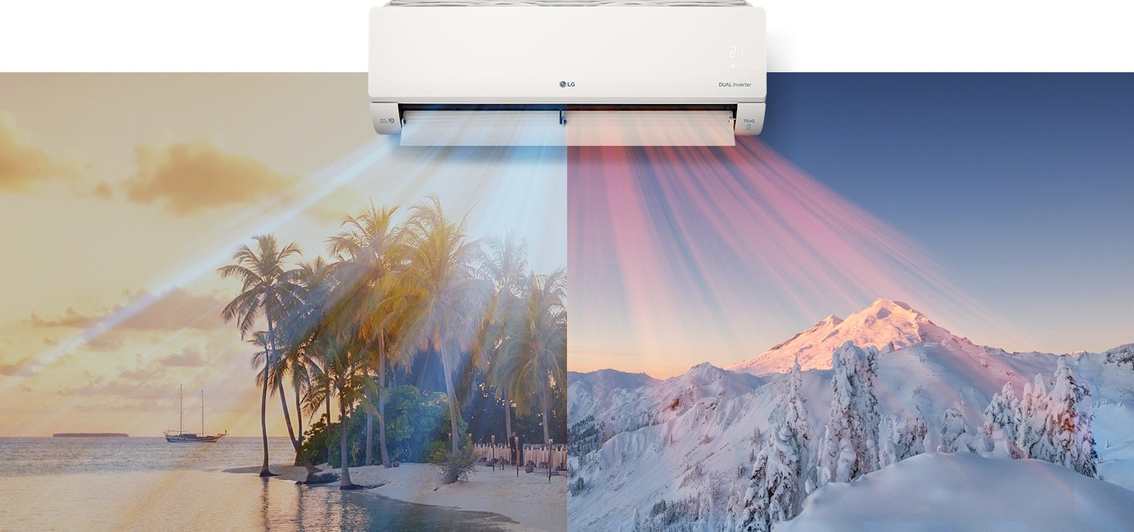Un climatiseur LG est suspendu en haut au centre de l’image. En dessous figure deux images, sur la première, une plage de sable chaud et sur l’autre, un panorama de montagnes enneigées. De l’air sort du climatiseur avec de l’air frais bleu sur la plage et de l’air chaud rouge sur la scène enneigée.