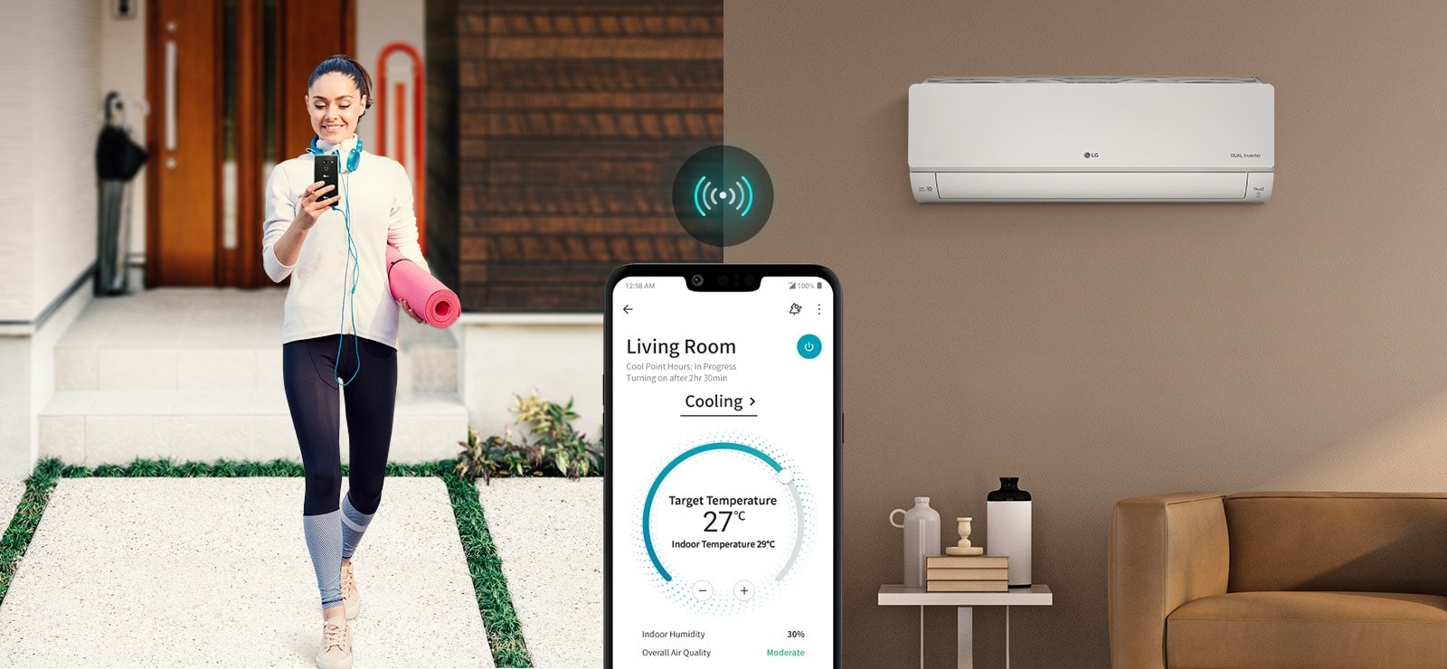 Les trois icônes dans le coin supérieur indiquent qu’il y a trois images dans un carrousel. La deuxième icône, étiquetée « Alerte intelligente », est rouge. Elle indique un homme assis sur le sol et regardant son téléphone avec le four en arrière-plan. Sur le côté gauche de l’écran se trouve une image de l’application ThinQ sur un écran de téléphone avec l’icône du Wi-Fi au-dessus.