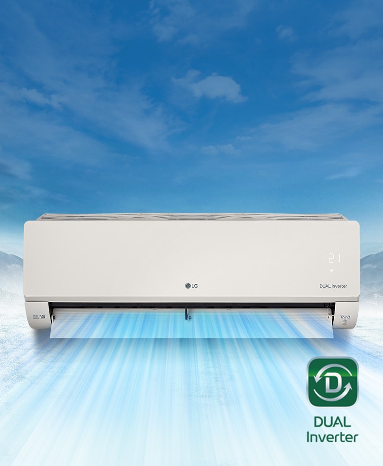 L’arrière-plan présente un paysage de montagne enneigée. La vue de face du climatiseur est au premier plan et de l’air s’échappe de l’appareil. Le logo de LG se trouve au centre de l’appareil, tandis que les logos Dual Inverter, ThinQ et le celui de la Garantie 10 ans Dual Inverter sont visibles sur les côtés de la façade. Le panneau indiquant la qualité de l’air est allumé en vert sur le côté droit. Le logo Dual Inverter se trouve dans le coin inférieur droit de la vidéo.