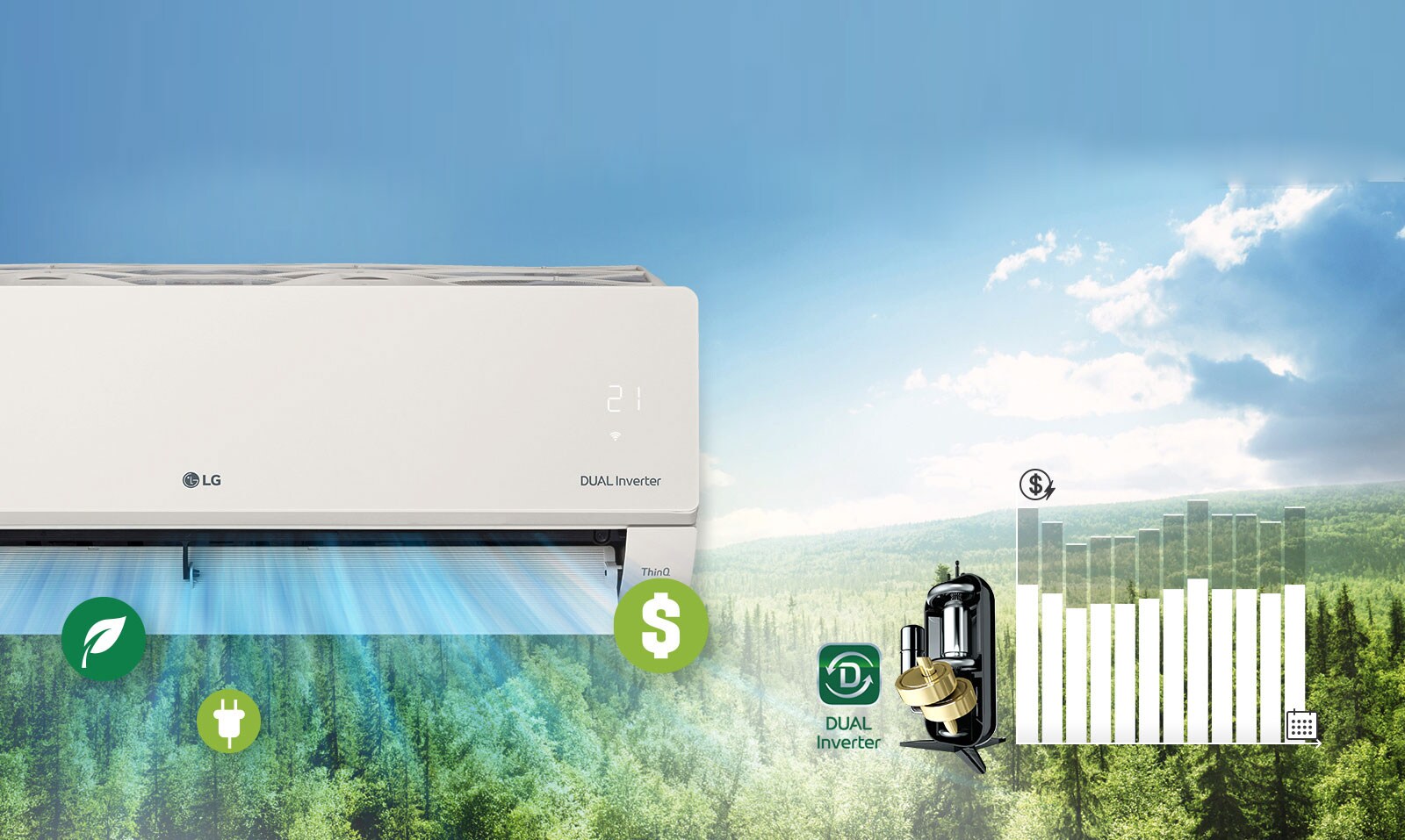 L’arrière-plan présente un paysage de forêt avec la moitié du climatiseur LG visible sur le côté. Le logos LG et Dual Inverter sont visibles sur la machine et le panneau indiquant la qualité de l’air est allumé en vert. Devant le climatiseur, trois icônes indiquant la qualité de l’air, l’argent et l’énergie apparaissent dans l’air qui s’échappe. À la droite de la machine apparaissent le logo Dual Inverter et une image du Dual Inverter. Plus à la droite se trouve un graphique à barres. Les barres montent, indiquant une augmentation des dépenses, puis descendent pour montrer que le Dual Inverter permet aux clients d’économiser de l’argent.
