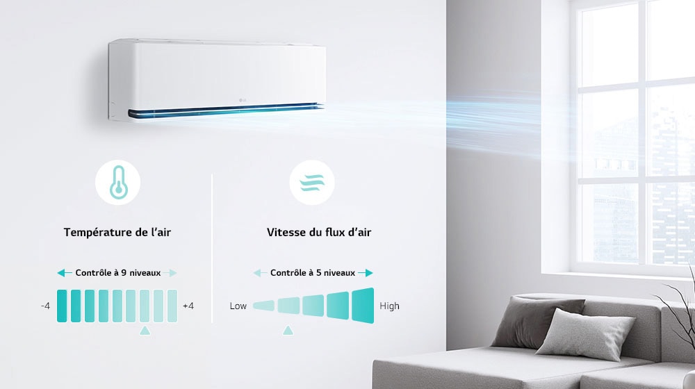 Personnalisez avec précision la température de l’air grâce à 9 niveaux et la vitesse du flux avec 5 niveaux.