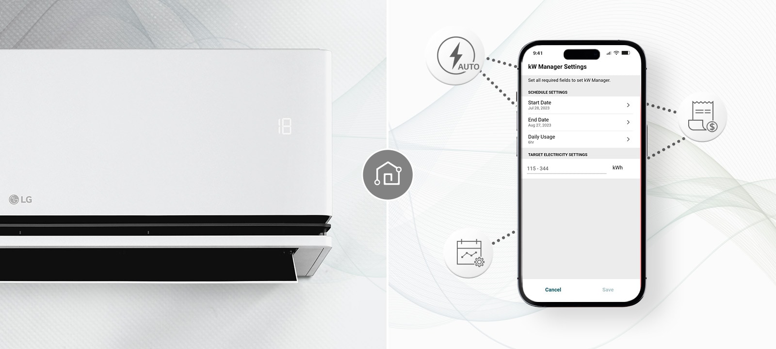 Un climatiseur et un smartphone avec un écran LG ThinQ™. Des icônes présentant les fonctions ThinQ entourent le téléphone.