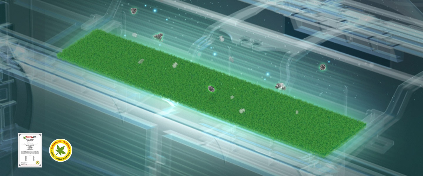 Le climatiseur est affiché avec les filtres flottant au-dessus pour montrer le filtre anti-allergènes installé à l’intérieur. Le filtre anti-allergènes vert avec des acariens capturés est montré dans l’appareil. Le logo Allergy Filter est dans le coin inférieur gauche.