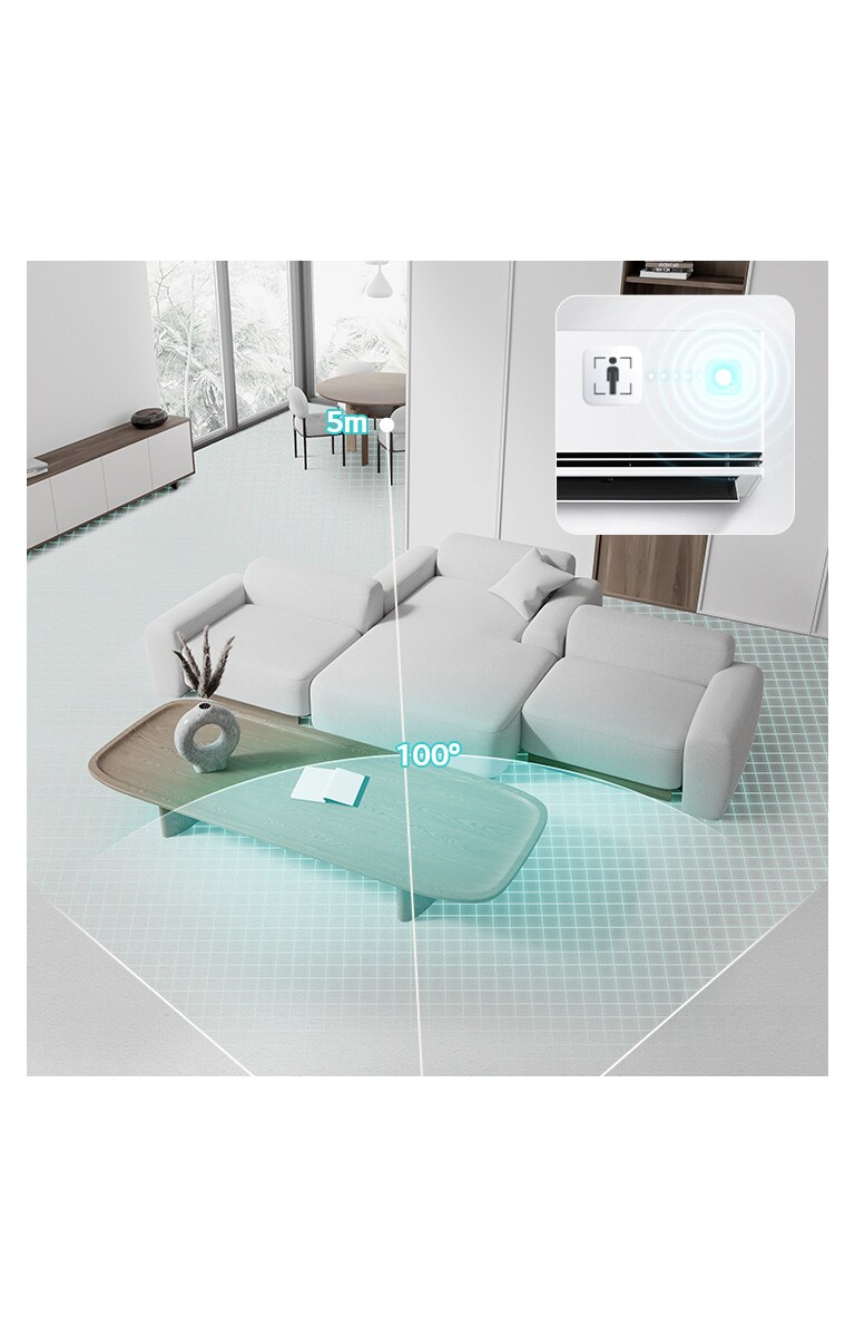 Le capteur de présence humaine peut détecter la présence humaine dans une pièce à 5 m de distance, dans une zone de 100º à gauche et à droite.	