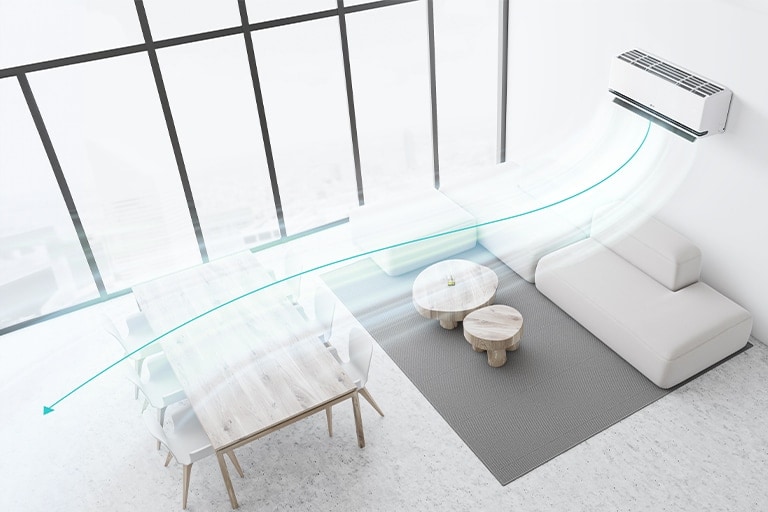 Un salon avec un climatiseur LG avec DUAL Vane diffusant le flux d’air plus loin dans les zones repas et salon.	