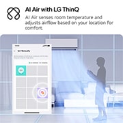 LG Climatiseur 3.5kW DUALCOOL AI Air Deluxe Single Split, Illustration de la technologie AI Air de LG dans un salon avec un climatiseur fixé au mur. Le système ajuste le flux d’air en fonction de la température de la pièce et de l’emplacement de l’utilisateu, H12S1DA, thumbnail 3