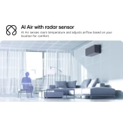 LG 2.5 kW ARTCOOL™ Mirror Climatiseur AI Air Single Split Inverter, Illustration de la technologie AI Air de LG dans un salon avec un climatiseur fixé au mur. Le système ajuste le flux d’air en fonction de la température de la pièce et de l’emplacement de l’utilisateu, AA09SP, thumbnail 4