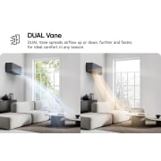 LG 3.5 kW ARTCOOL™ Mirror Climatiseur AI Air Single Split Inverter, Climatiseur LG DUAL Vane montré dans un salon. L’air frais est diffusé vers le haut à gauche et l’air chaud vers le bas à droite. Le texte l’accompagnant indique : « DUAL Vane diffuse l’air vers le ha, AA12SP, thumbnail 5