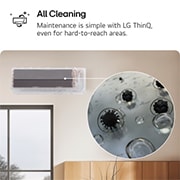 LG Climatiseur 5.0kW DUALCOOL AI Air Deluxe Single Split, Image montrant la fonctionnalité All Cleaning du climatiseur LG. Le visuel affiche le nettoyage interne avec un gros plan montrant l’élimination de la saleté et des germes. Le texte indique : « All Cl, H18S1DA, thumbnail 6