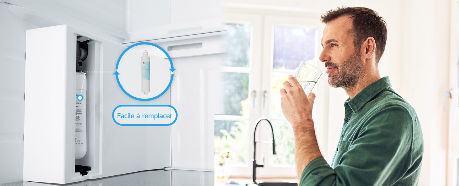 Les deux cartes séparées montrent des filtres modifiables de façon spontanée sur le côté gauche, avec un homme qui boit l’eau fraîche sur le côté droit.