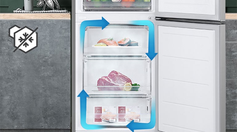 Congélateur sans givre avec refroidissement uniforme et circulation d'air froid pour garder les aliments frais dans tout le réfrigérateur.	