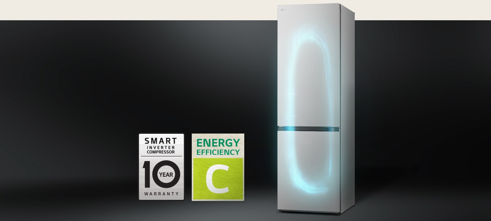 Réfrigérateur avec système de refroidissement efficace équipé d’un Smart Inverter Compressor et avec une étiquette de garantie de 10 ans sur le compresseur.	