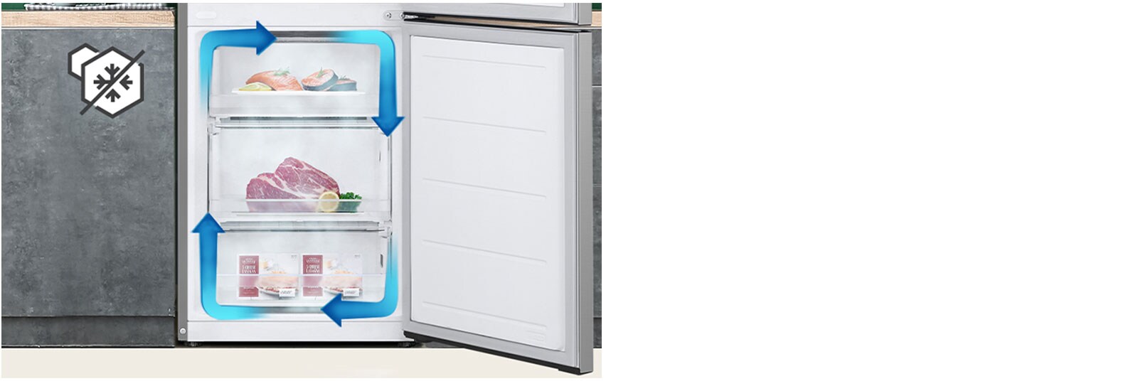 Congélateur sans givre avec refroidissement uniforme et circulation d'air froid pour garder les aliments frais dans tout le réfrigérateur.