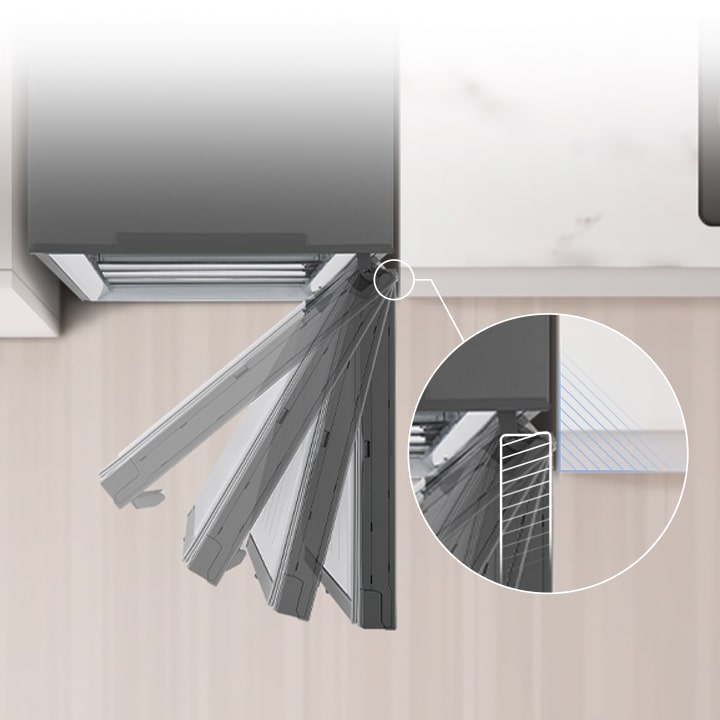 Vue aérienne du réfrigérateur installé à côté du mur avec un dégagement nul de la charnière de la porte.