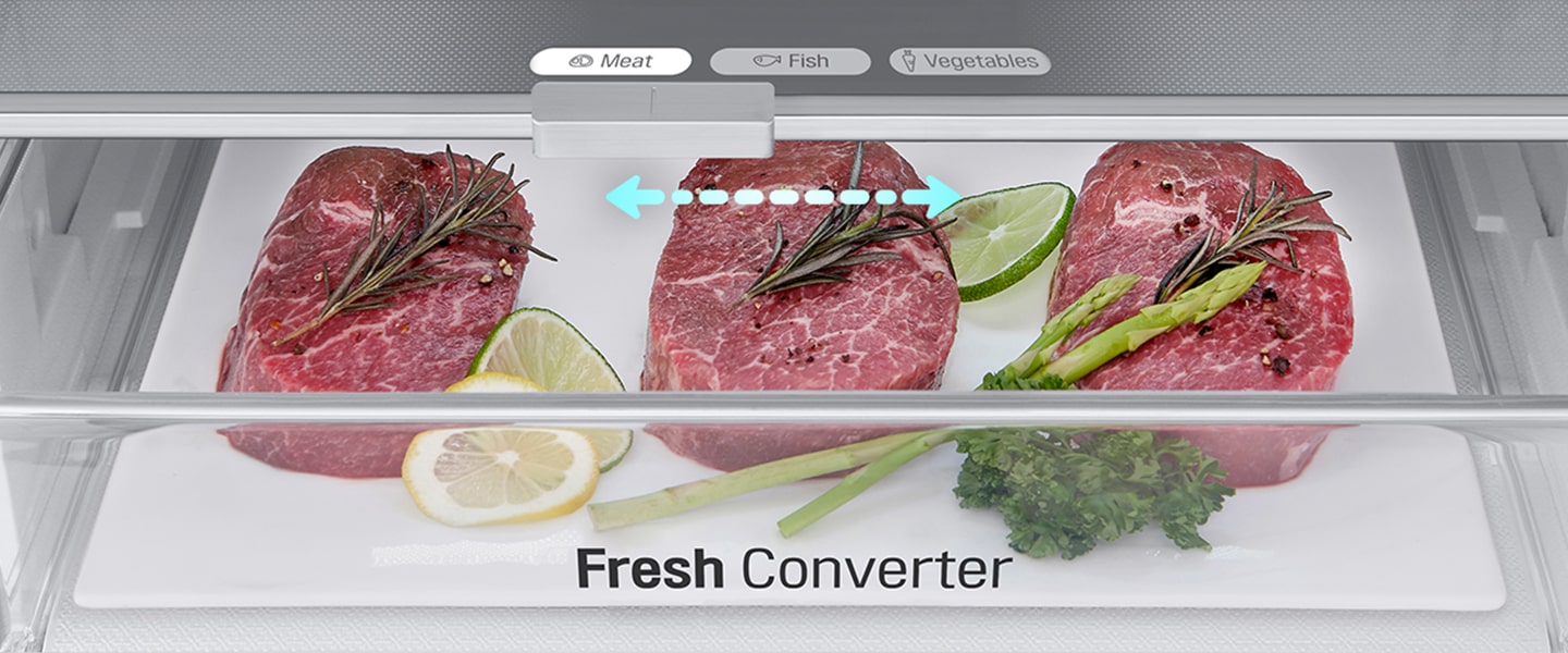 Gros plan sur un fresh converter rempli de viande, réglé à la bonne température pour la viande parmi les options de viande, de poisson et de légumes.