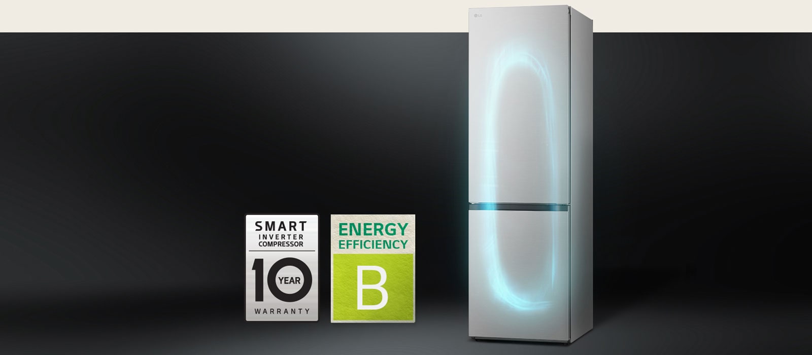 Réfrigérateur avec système de refroidissement efficace équipé d’un Smart Inverter Compressor et avec une étiquette de garantie de 10 ans sur le compresseur.