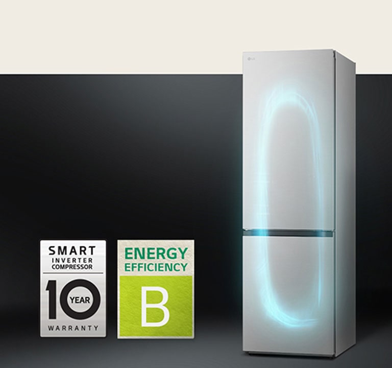 Réfrigérateur avec système de refroidissement efficace équipé d’un Smart Inverter Compressor et avec une étiquette de garantie de 10 ans sur le compresseur.