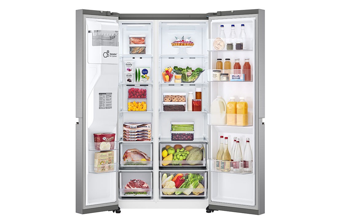 LG 635L capacité | DoorCooling+™ | Distributeur d'eau et de glaçons | Total No Frost | Compresseur Linéare Inverter, vue de face du réfrigérateur ouvert sur les aliments, GSLV70PZTD, thumbnail 2