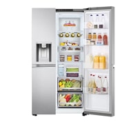 LG 635L capacité | DoorCooling+™ | Moist Balance Crisper | Fresh Balancer™ | Distributeur d'eau et de glaçons avec UVnano™ | Total No Frost | Compresseur Linéare Inverter, vue de face de droite du réfrigérateur ouvert sur les aliments, GSLV91MBAC, thumbnail 2