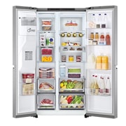 LG 635L capacité | DoorCooling+™ | Moist Balance Crisper | Fresh Balancer™ | Distributeur d'eau et de glaçons avec UVnano™ | Total No Frost | Compresseur Linéare Inverter, vue de face du réfrigérateur ouvert sur les aliments, GSLV91MBAC, thumbnail 3