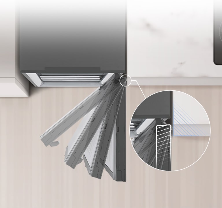 Vue aérienne du réfrigérateur installé à côté du mur avec un dégagement nul de la charnière de la porte.