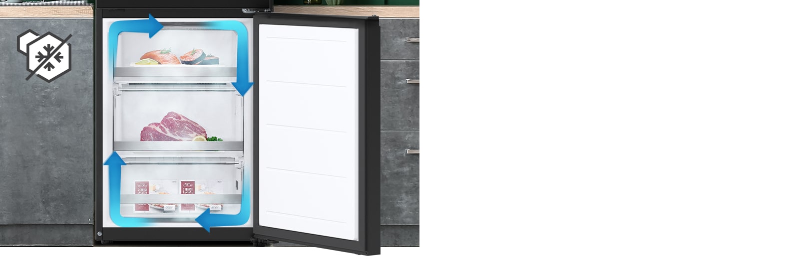 Congélateur sans givre avec refroidissement uniforme et circulation d'air froid pour garder les aliments frais dans tout le réfrigérateur.