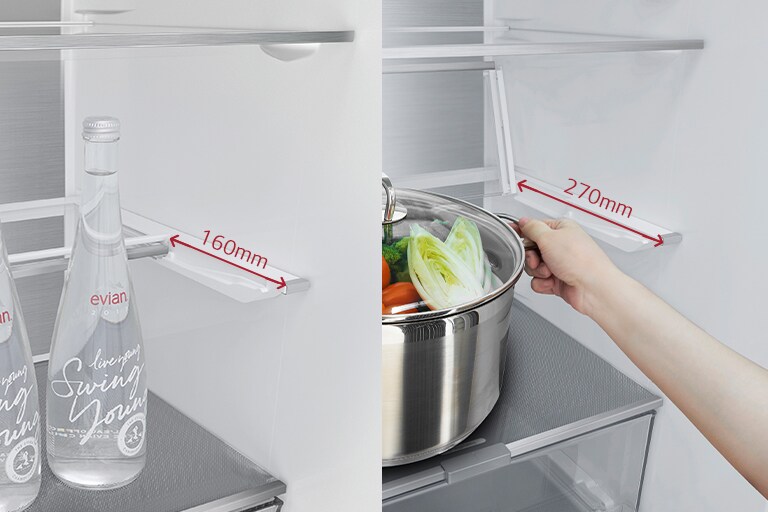 Clayette pliable à 2 positions optimise la capacité de rangement en créant de l’espace pour les bouteilles et les casserolles.