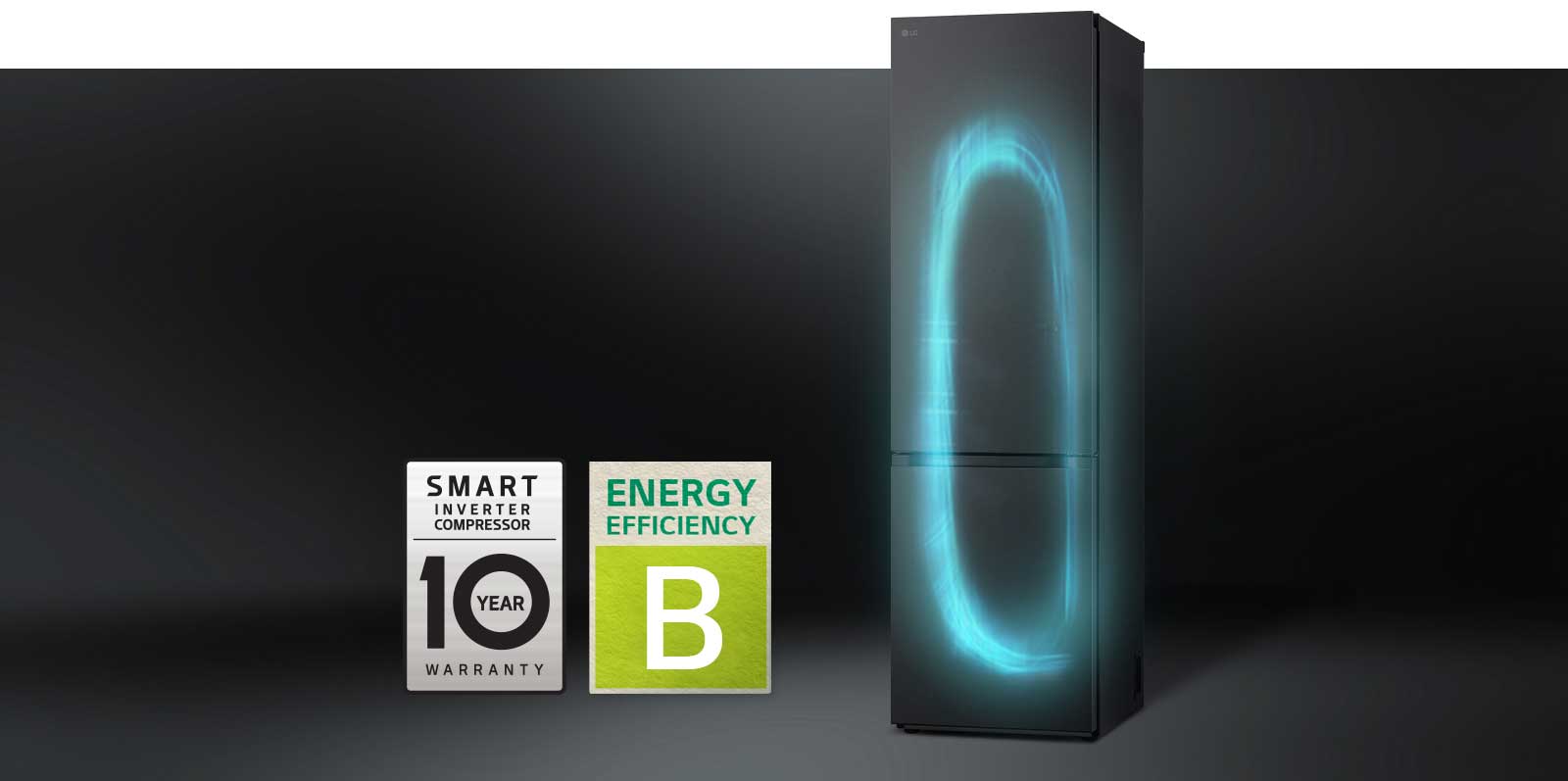 Réfrigérateur avec système de refroidissement efficace équipé d’un Compresseur Smart Inverter et avec une étiquette de garantie de 10 ans sur le compresseur.