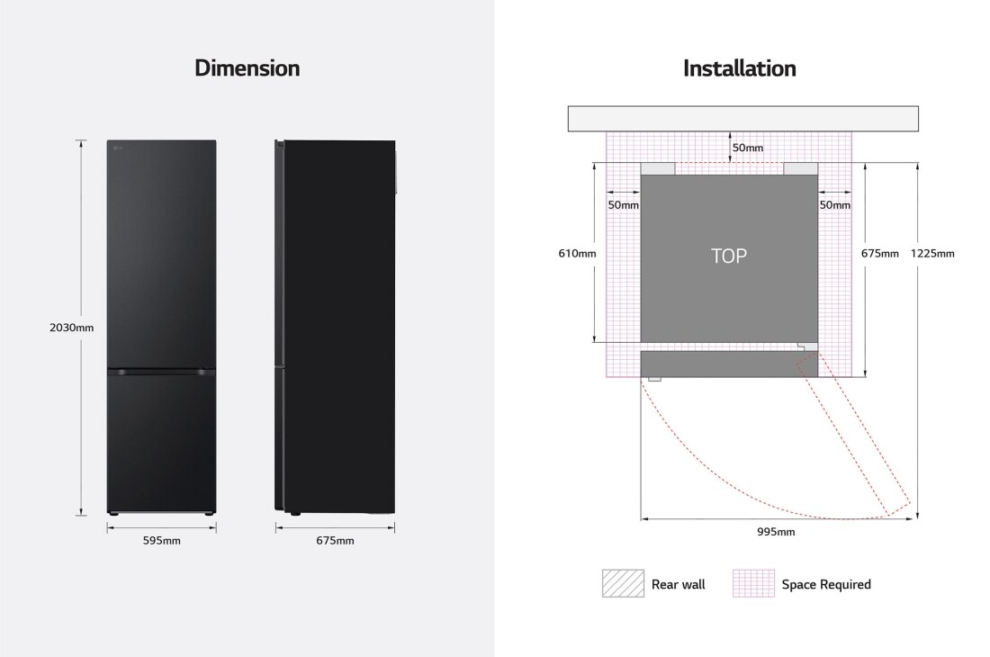 LG Réfrigérateur combiné GBV7280BPY |387L | FRESHBalancer™, Dimensions et installation, GBV7280BPY, thumbnail 14