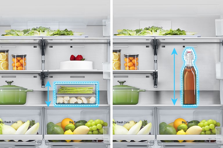 Sur la gauche, une étagère est déployée à l’intérieur du réfrigérateur et un récipient bas pour aliments a été placé et, sur la droite, l’étagère a été pliée dans la même position et une grande bouteille a été posée.