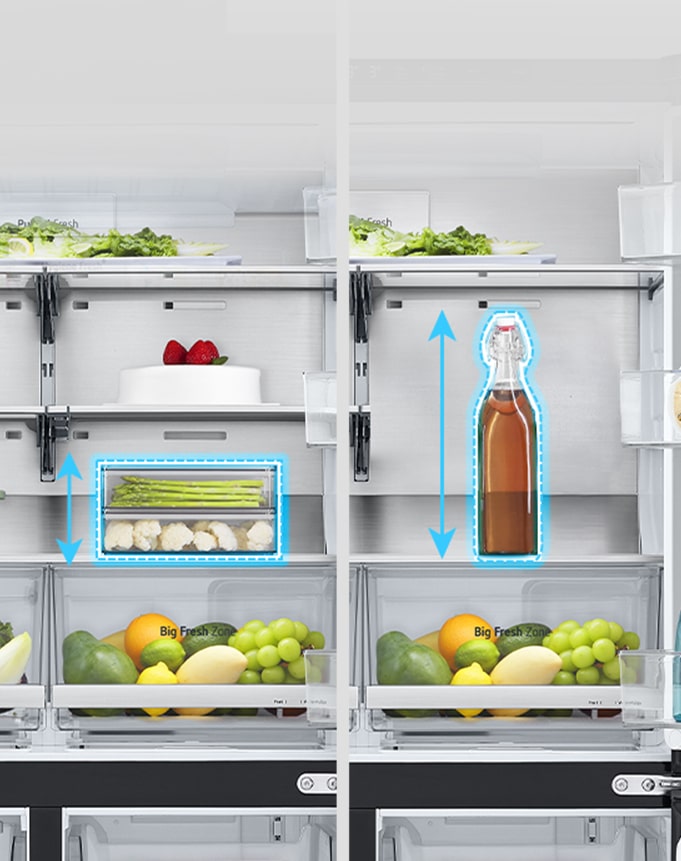 Sur la gauche, une étagère est déployée à l’intérieur du réfrigérateur et un récipient bas pour aliments a été placé et, sur la droite, l’étagère a été pliée dans la même position et une grande bouteille a été posée.